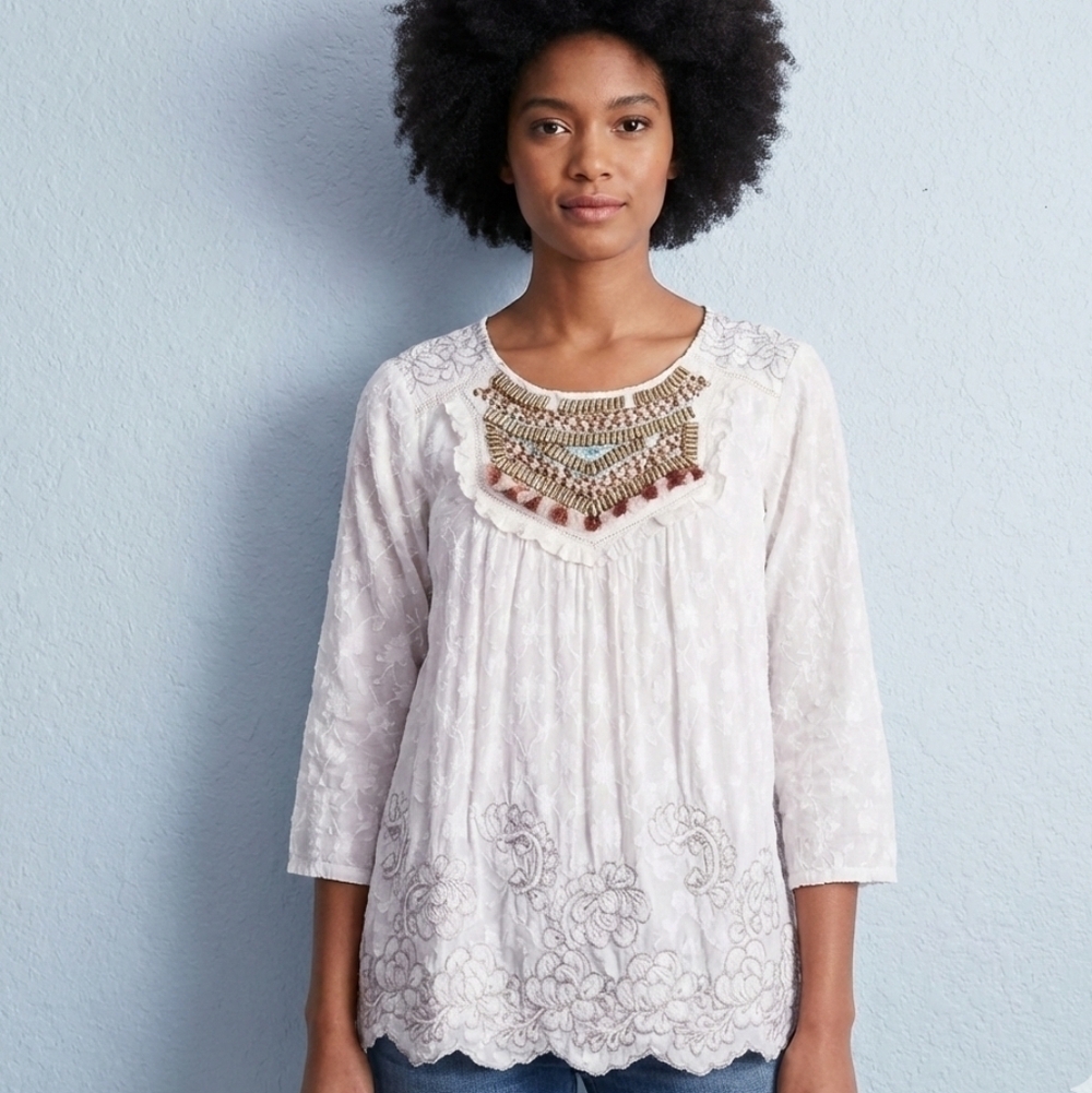 Anthropologie Moulinette Soeurs Floral Embroidered Textured Embellished Blouse